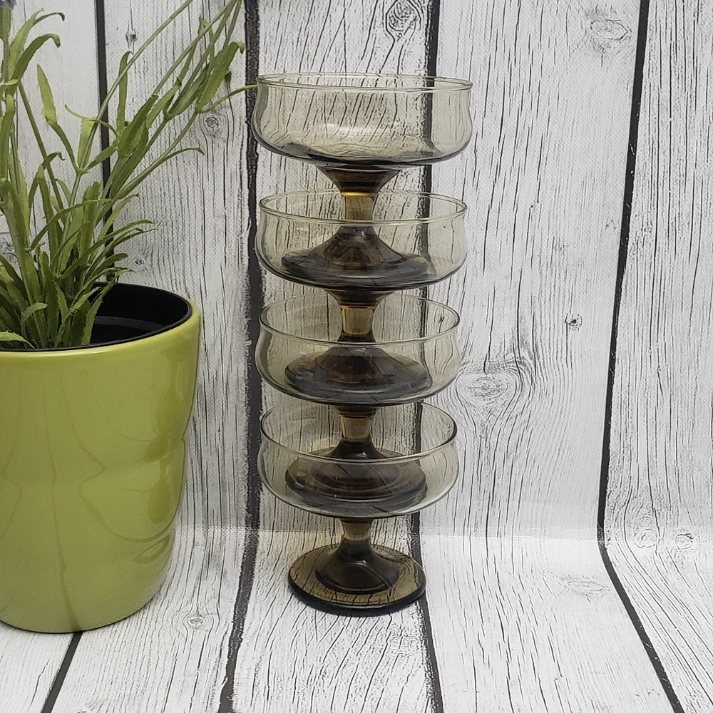 Libbey Tawny MidCentury Smoke Glass Low Champagne Sorbet Coupe Glasses, Set of 4